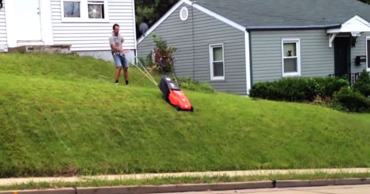 mowing on a steep hill